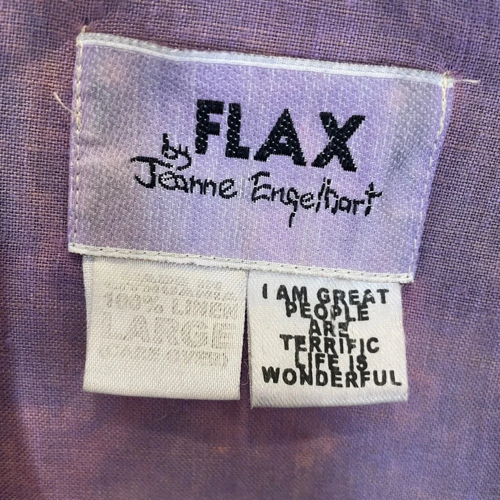 FLAX‎ Tie Dye 100% Linen Maxi Dress Purple Lagenlook Short Sleeve Shawl Collar L - Picture 2 of 5